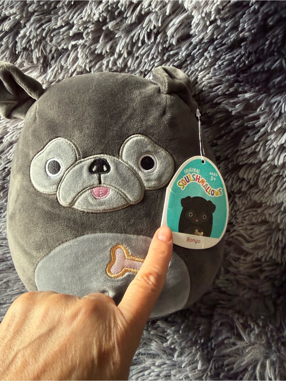 Squishmallows Bongo Gray Plush Dog Toy with Embroidered Bone